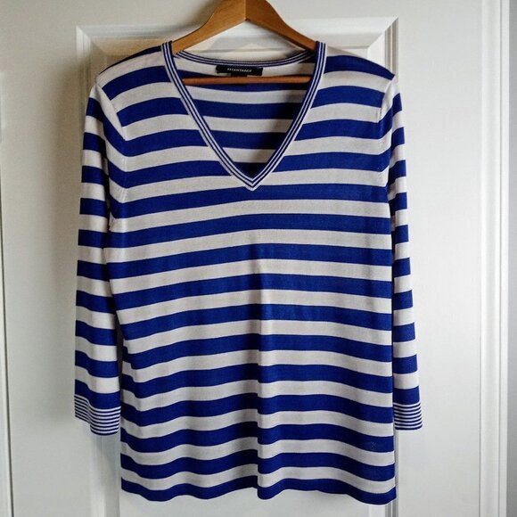 Ellen Tracy Blue White Stripe Silk Blend V-Neck Pullover Sweater - Picture 1 of 5